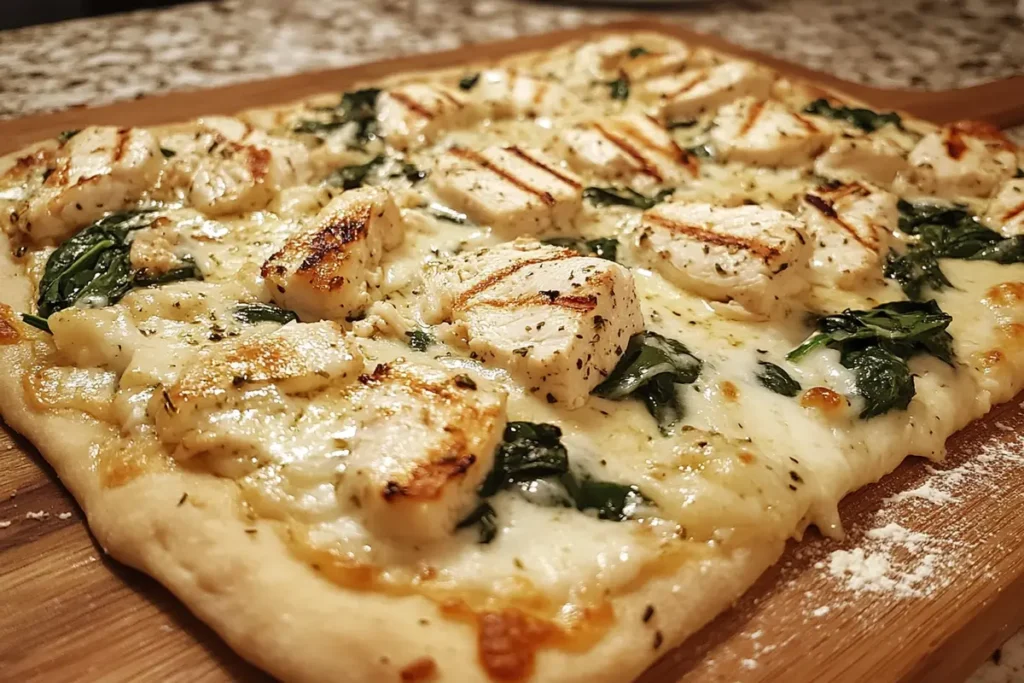 Alfredo pizza topped with grilled chicken, spinach, and mozzarella.