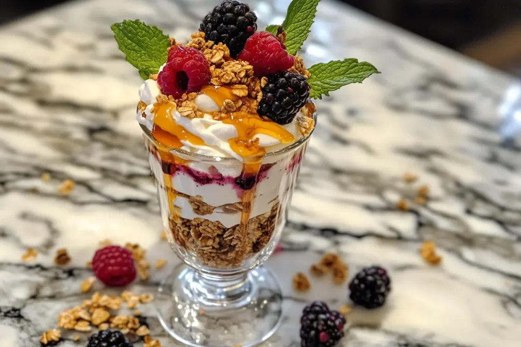 A yogurt parfait with granola and mixed berries on a marble countertop.