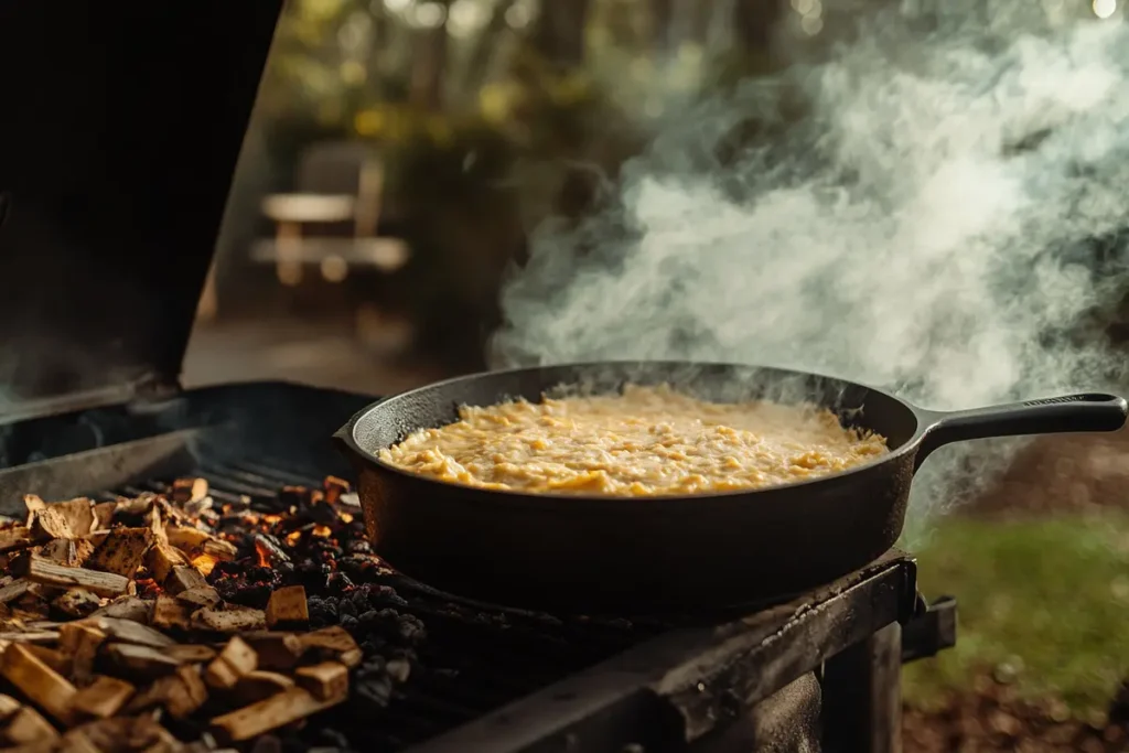 Cast iron skillet of queso melting inside a smoker.