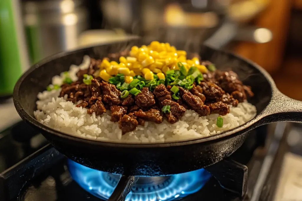 Cooking pepper lunch recipe in a cast-iron skillet with beef and rice.