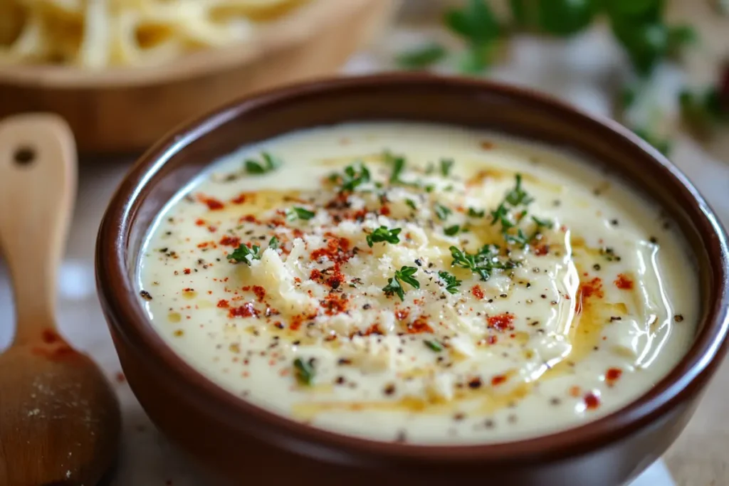 Jarred Alfredo sauce enhanced with chili flakes, Parmesan, and herbs.