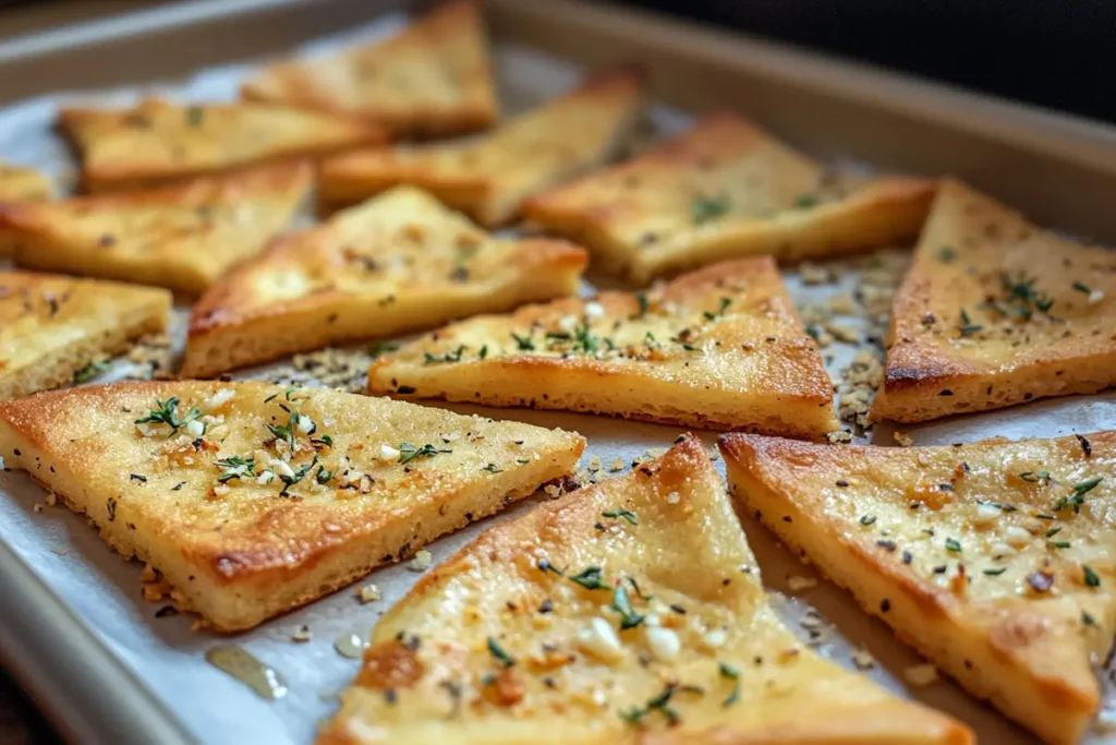 Pita chips baking in the oven