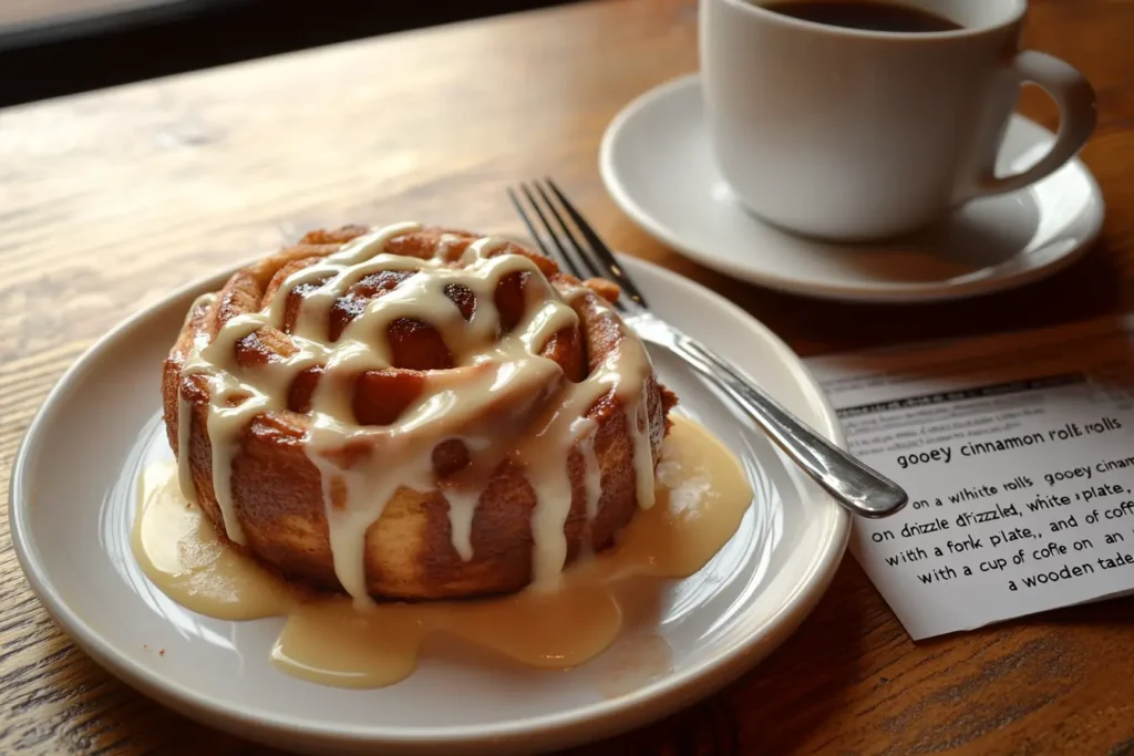 Cinnamon rolls drizzled with icing on a plate.