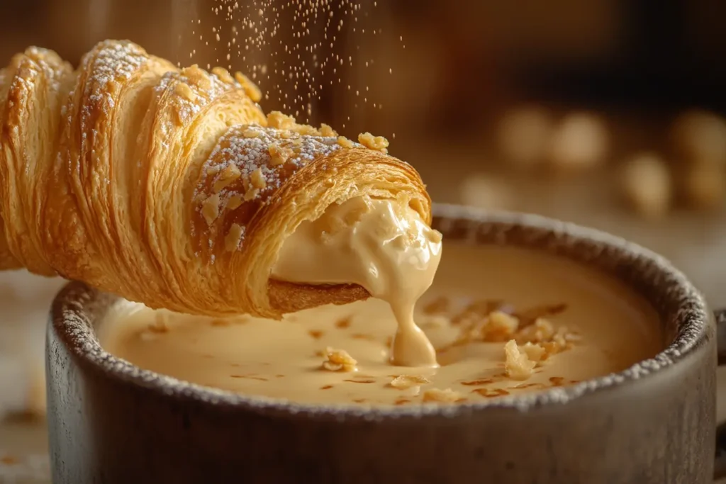 Close-up of a croissant being dipped into coffee.