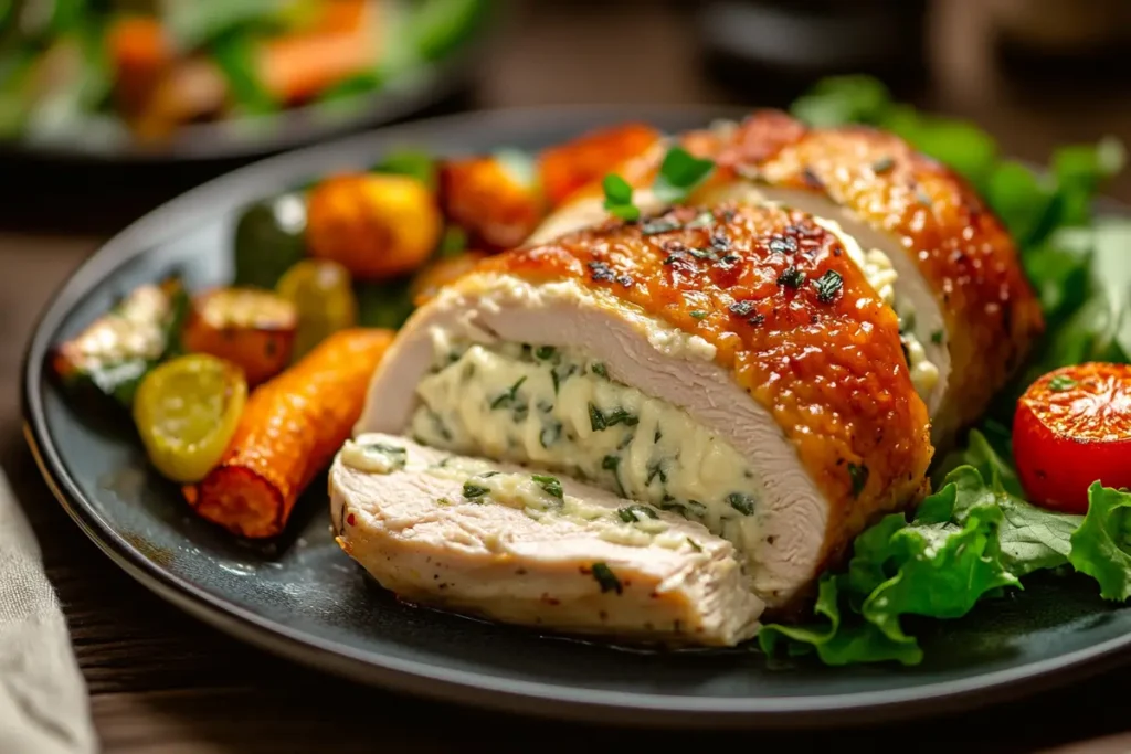 Stuffed chicken breast with cheese and herbs, plated with roasted vegetables