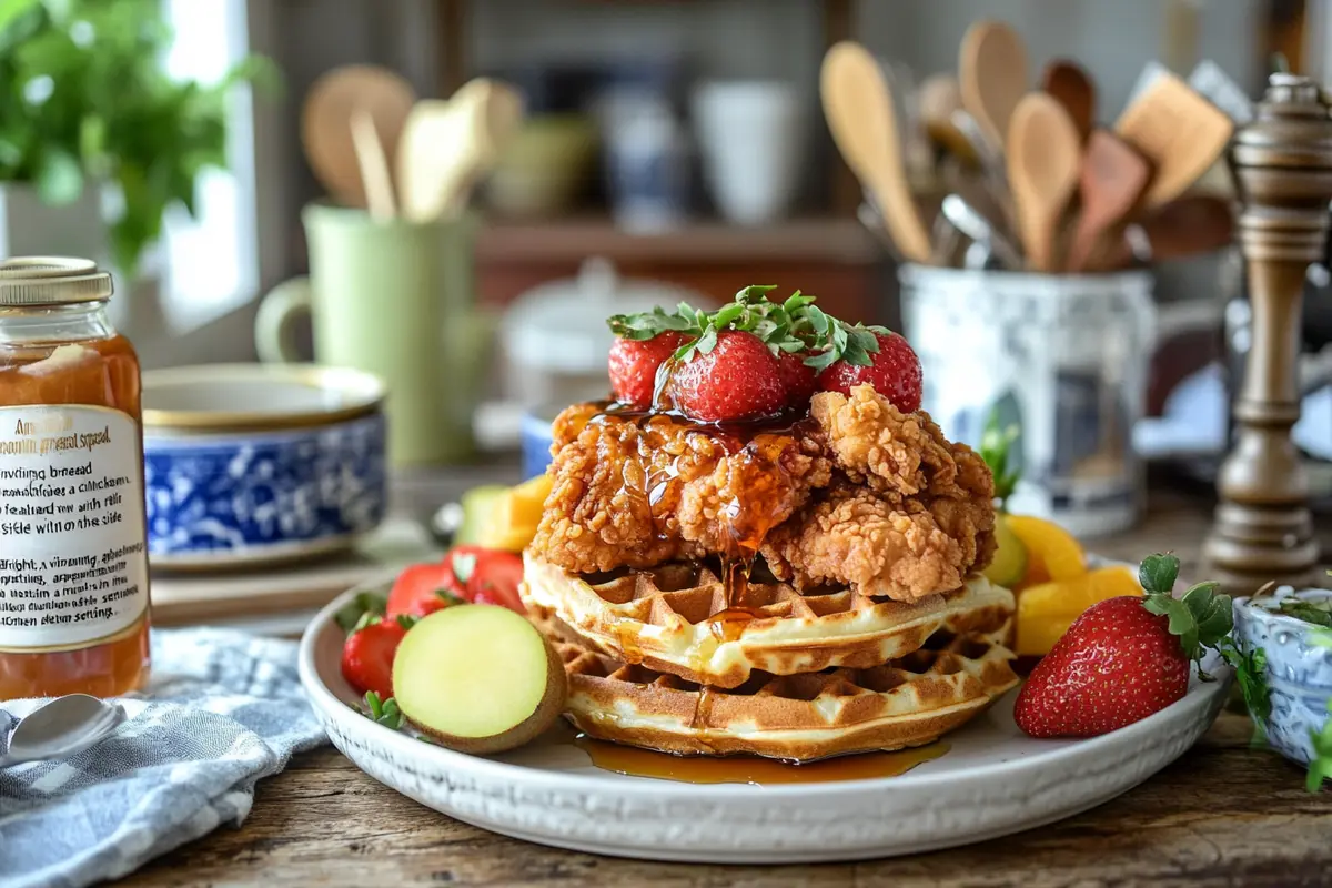 Chicken and waffle breakfast stack with syrup and fruit