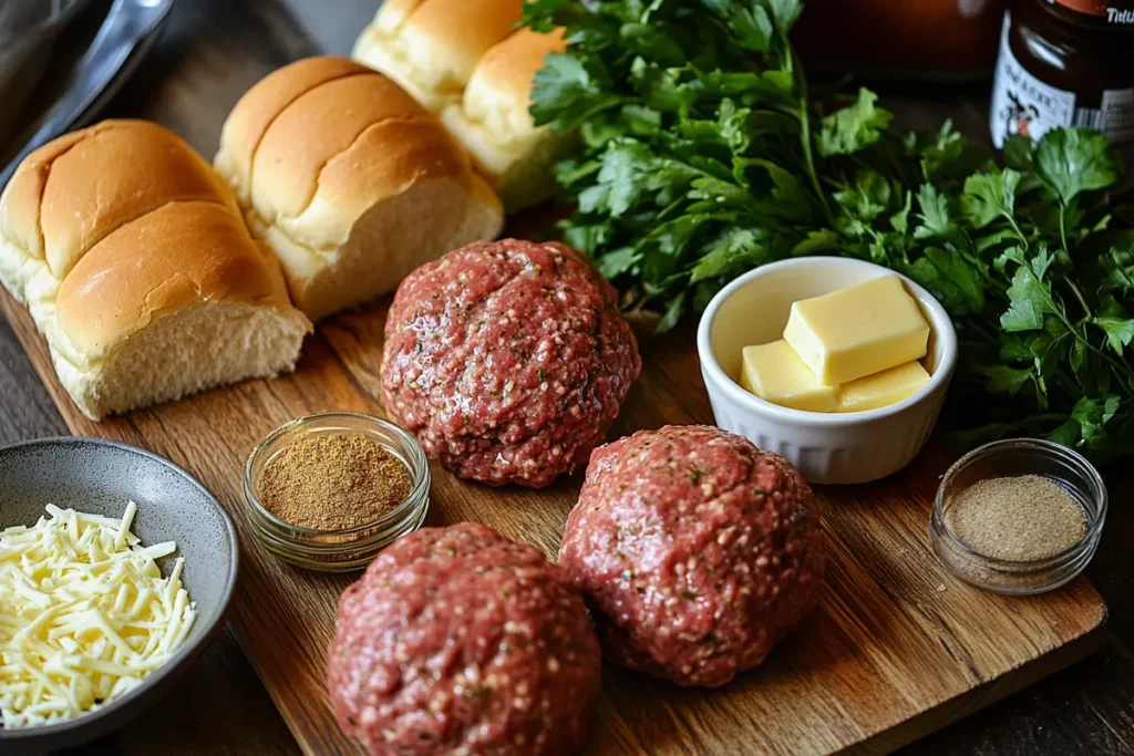  Ingredients for venison burgers arranged on a wooden board.