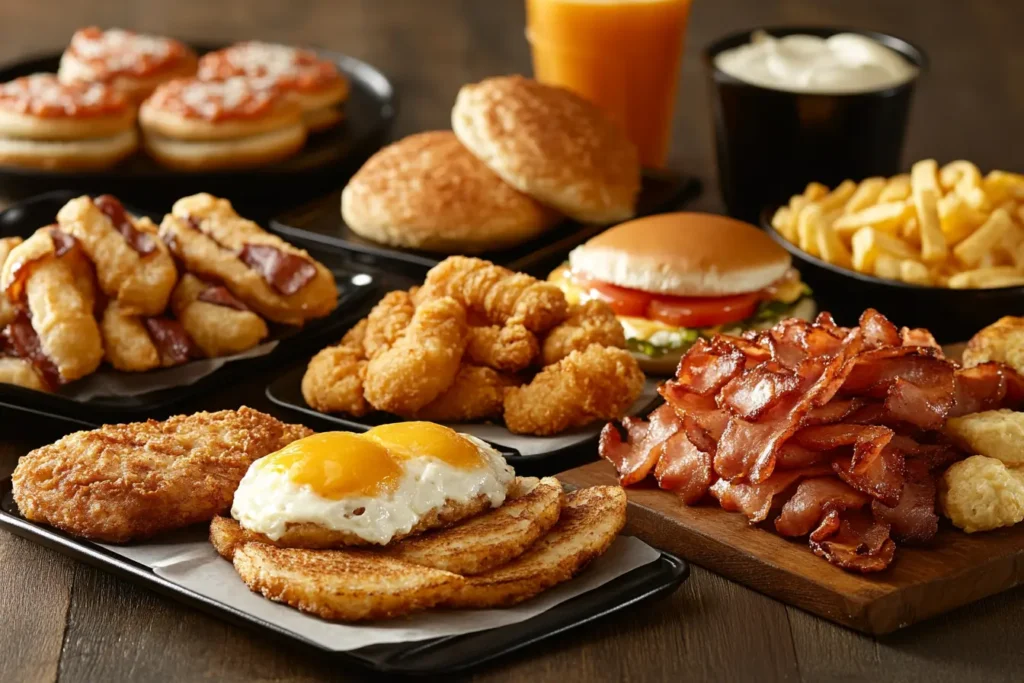 "A variety of Burger King breakfast items including eggs, bacon, hash browns, and sandwiches displayed on plates."

