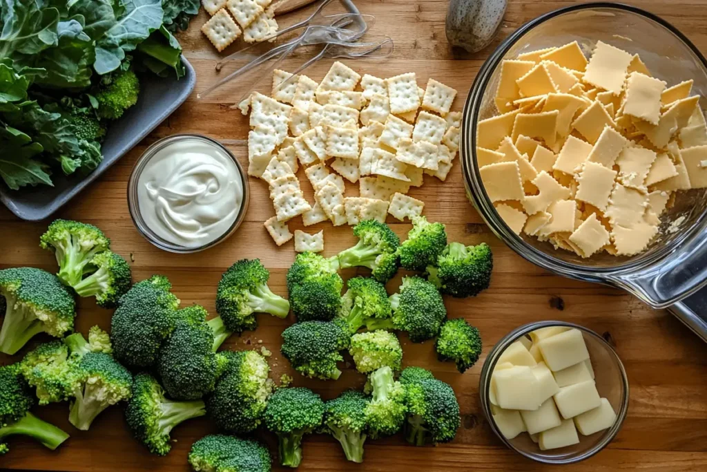 Ingredients for Paula Deen's Broccoli Casserole on a Wooden Countertop