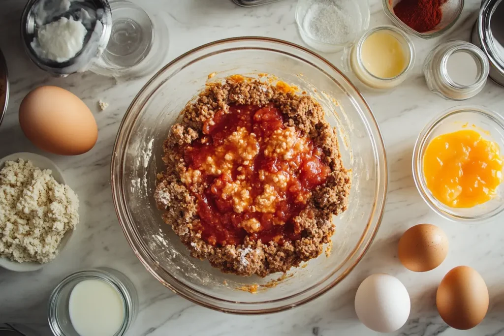 Mixing meatloaf ingredients in a bowl for a classic recipe.