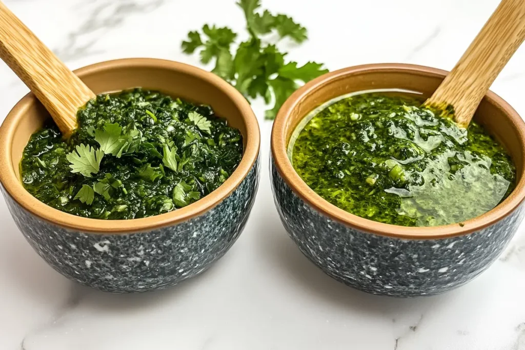 Parsley pesto and cilantro pesto side by side in bowls.