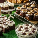 Super Bowl Dessert Trio with football brownies, cheesecake shooters, and cookie dough dip