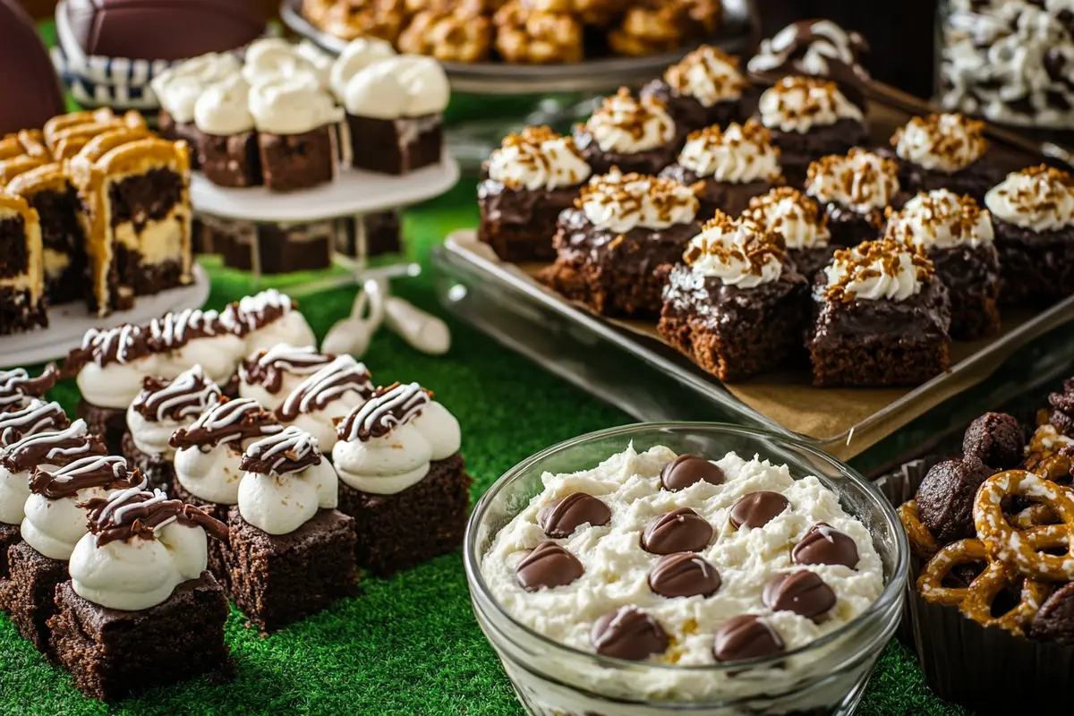 Super Bowl Dessert Trio with football brownies, cheesecake shooters, and cookie dough dip